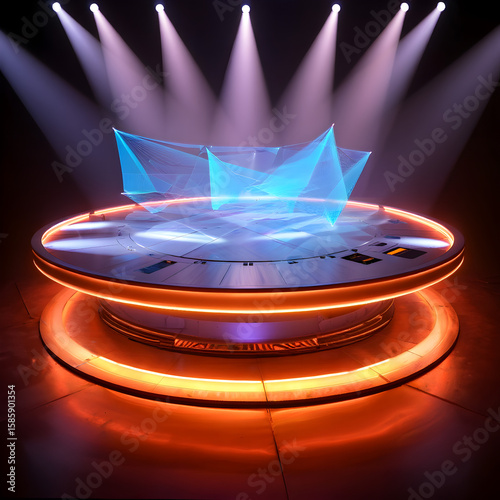 3D Abstract Hologram of Futuristic Sci-Fi Stage with Glowing Neon Crystal Structure, Dynamic Lighting and Dramatic Spotlight, Surreal Digital Art and Technology Concept