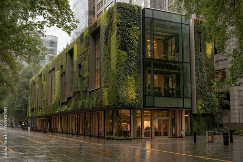 Urban Vertical Garden Drapes Office Building with Glass and Greenery