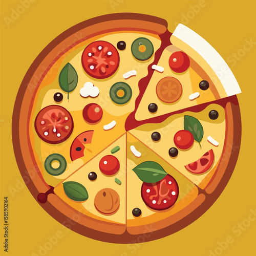 Vibrant vector illustration of a delicious Italian pizza with salami, cheese, and tomato, perfect for any meal or snack