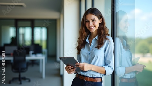 Business Professional's Digital Realm: A poised businesswoman, holding a tablet, gazes confidently at the camera within a modern office setting.