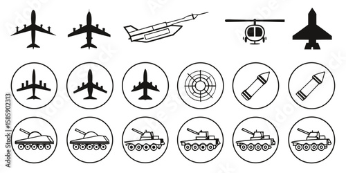 Military vehicles aircraft and weaponry icons icon png