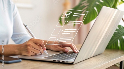 Quadro su tela Business performance monitoring and evaluation concept, Take an assessment, Business man using laptop and tablet online checklist survey, Filling out digital checklist, Questionnaire with checkboxes