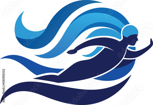Blue vector set of sea animals and water polo player illustrations with ocean wave icons
