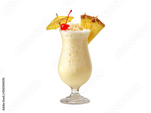 Creamy tropical cocktail with pineapple garnish and cherry pina colada, Isolated, Transparent Png