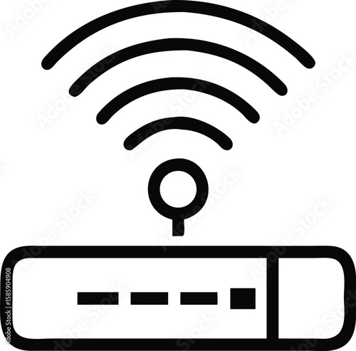 Router with wireless connection signal in line art outline icon