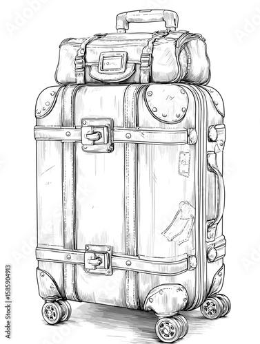 Vintage suitcase with travel bags on top in black and white sketch  