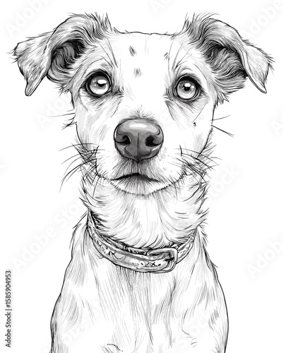 Sketch of a playful dog with attentive expression and collar  
