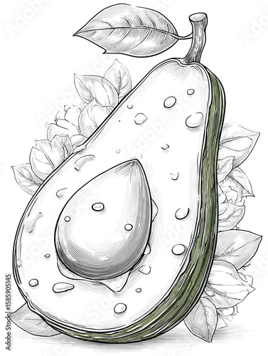 Avocado illustration with leaf and surrounding foliage details  