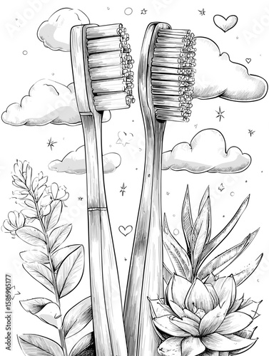 Two eco-friendly bamboo toothbrushes surrounded by plants and clouds  