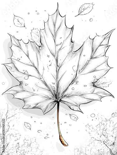 Sketch of a maple leaf on white background with falling leaves  