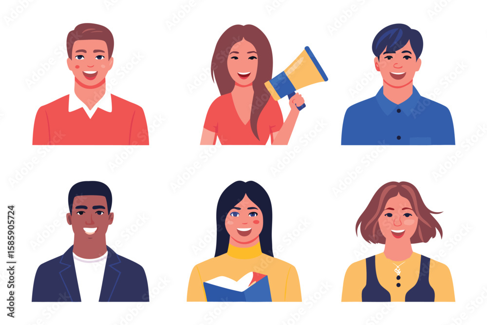 Diverse Faces: A colorful illustration showcases a diverse group of people, each exuding individual expressions and characteristics, representing a spectrum of backgrounds and personalities. Diverse Faces: A colorful illustration showcases a diverse group of people, each exuding individual expressions and characteristics, representing a spectrum of backgrounds and personalities.