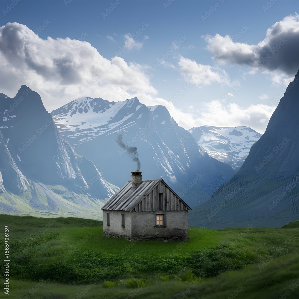 Obraz premium A solitary house sits peacefully in a green field, surrounded by majestic mountains and a cloudy sky, creating a tranquil rural landscape