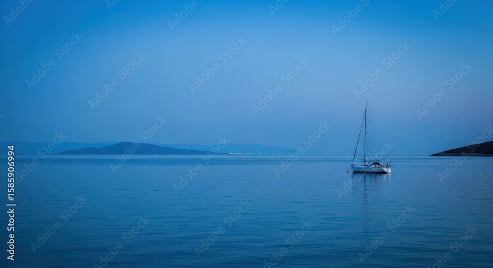 Fototapeta premium Serene twilight seascape featuring a solitary sailboat gently anchored amidst tranquil waters and distant islands.