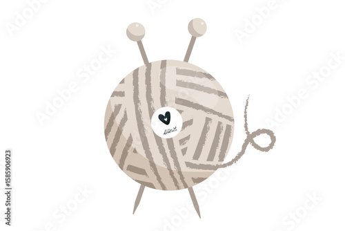 Vector illustration of ball of yarn and skein with knitting needles and hooks. Hand drawn style, cozy craft theme. Includes woolen threads, Knitting, needlework and hobby concept. Soft colors, minimal