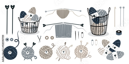 Knitting tools set. Yarn with knitting needles, hooks, pins, needles, storage basket, buttons, meter, Ball, skein of threads. Pattern examples. freehand drawing. In crafts, handwork, hobby concepts.