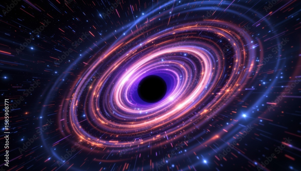 Obraz premium Swirling vortex of purple and orange light trails with glowing particles approaching a central black void