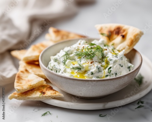 Creamy Tzatziki with Pita: A tempting view showcases creamy tzatziki in a rustic bowl, perfectly paired with golden, fluffy pita bread, offering a delicious and refreshing culinary experience.