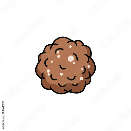 Cartoon meatball with a rough texture and small white specks on a plain background