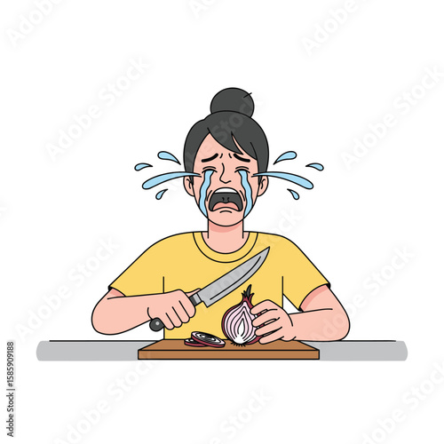 Woman crying while chopping red onion in the kitchen causing tearful eyes and discomfort