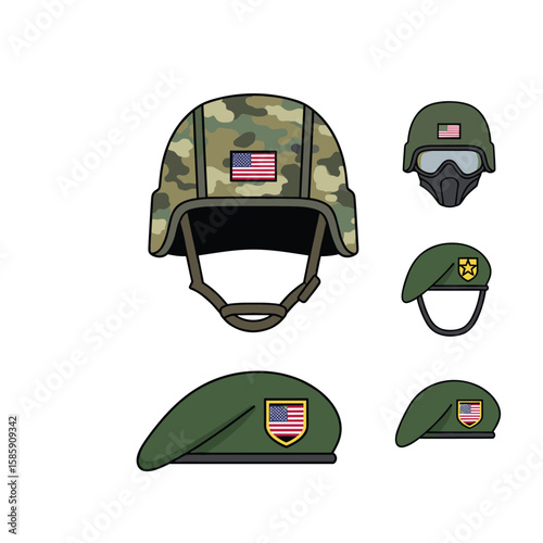 Collection of military headgear featuring american flag patches and camouflage patterns