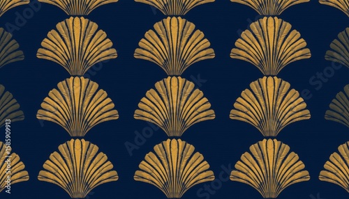 Art deco gold fan pattern against a dark blue background seamless repetition