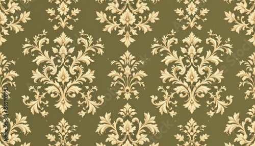 Elegant damask wallpaper pattern with ornate floral motifs on a muted green background