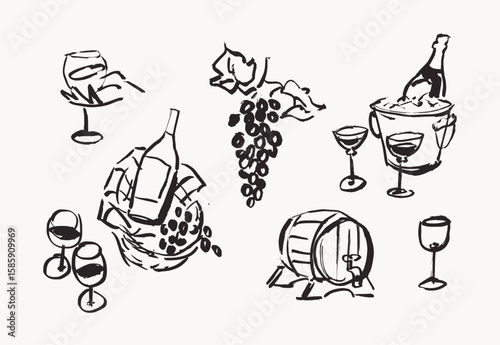 Wine picnic line art design elements, hand drawn vector illustrations