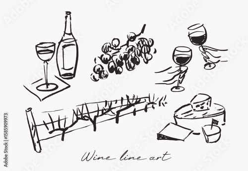 Wine and vineyard hand drawn design elements,  line art vector illustrations