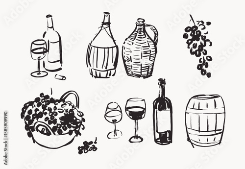 Wine making hand drawn elements,  line art vector illustrations
