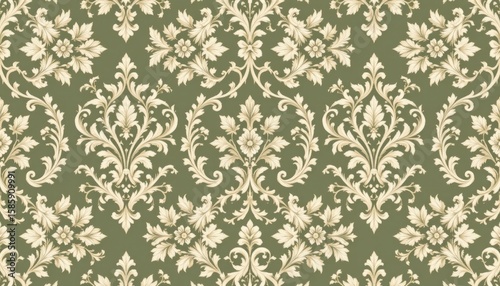 Intricate damask pattern with cream floral and leaf motifs on a muted green background