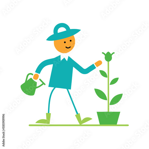 doodle style gardener with watering can and sprout.