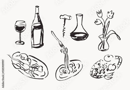 Wine and food line art design elements, hand drawn illustrations