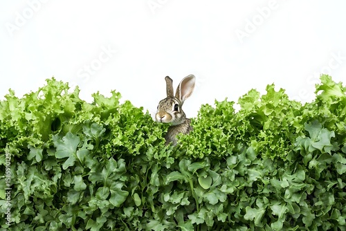 Rabbit hiding in lush green lettuce patch looking cute and adorable in spring time