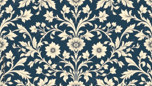 Cream floral damask pattern on deep blue background intricate vintage botanical motif