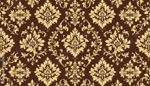 Detailed gold damask floral pattern on a dark brown background seamless repeat design