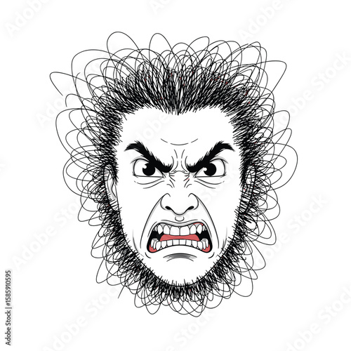 Angry man with wild scribbled hair and intense expression of fury