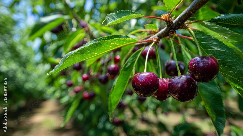 Obraz premium beautiful red ripe cheery hanging down on it fruitful tree 