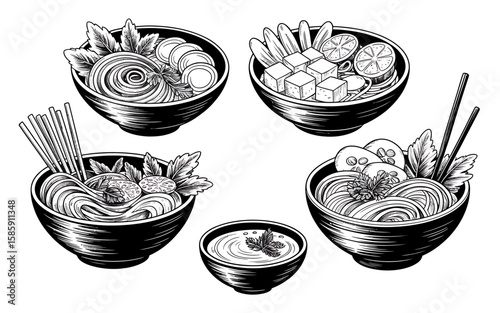 Hand drawn illustration of delicious asian noodle bowls and dipping sauce