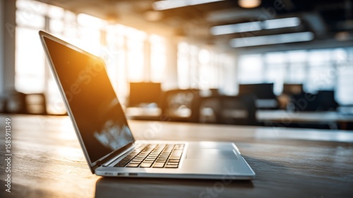 a laptop at modern office with bright sunlight shine from window 
