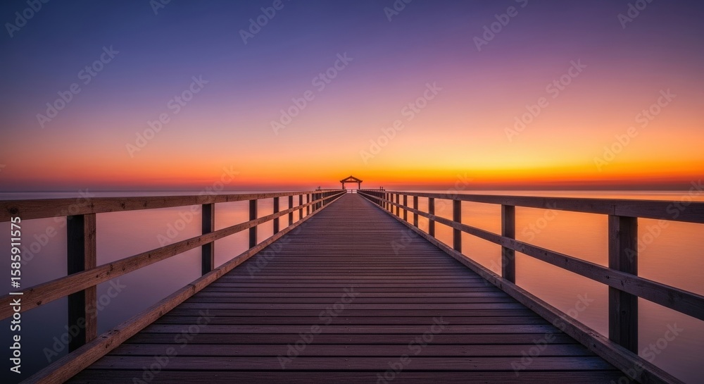 Fototapeta premium A wooden pier stretches into calm water under a vibrant sunset sky with orange and purple hues.