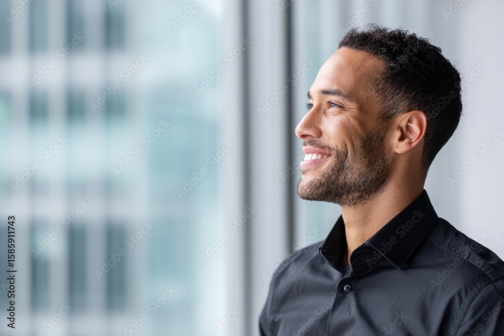 Fototapeta premium Smiling man gazes optimistically out of a window in an office setting, his eyes filled with hope and ambition.