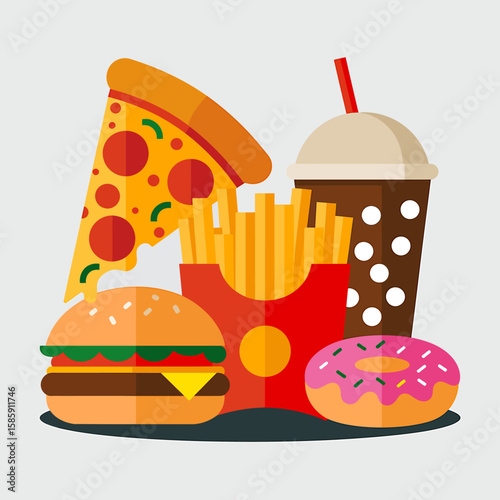 Colorful flat design icons of popular fast food items including pizza burger fries and donut