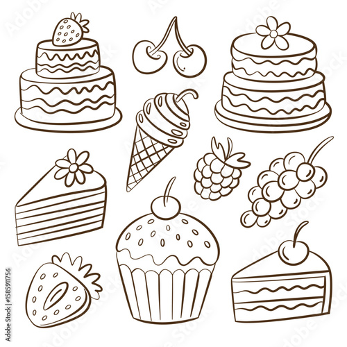 Hand drawn sweet desserts and fruits collection with cakes ice cream and berries