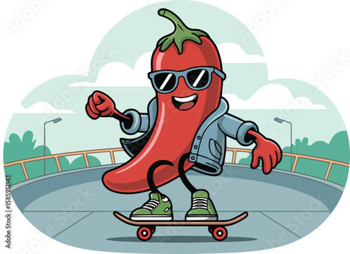 A cool red chili pepper character skateboarding transparent png vector