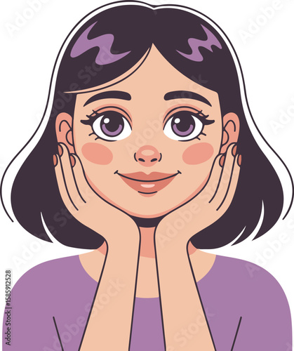 A cartoon woman with a gentle and pleasant look holds her hands in front of her face transparent png vector