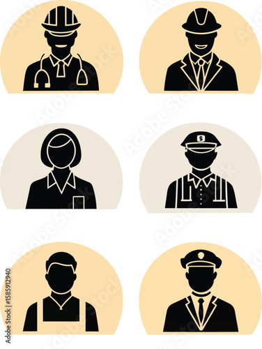 “Profession Silhouette Icon Set – Minimalist Black Figures Representing Diverse Occupations”