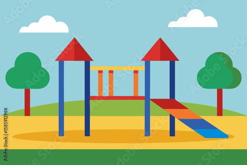 colorful jungle gym on rubber ground in empty 