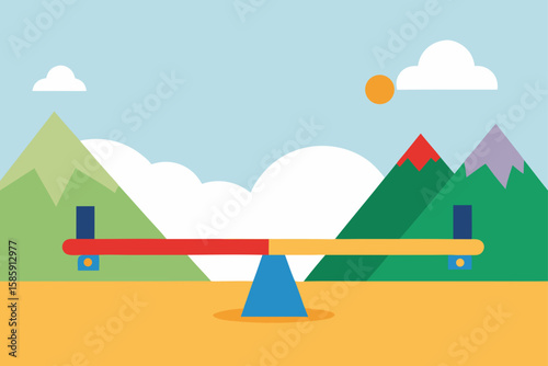 colorful seesaw in grassy area with mountains 