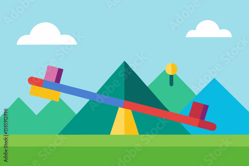 colorful seesaw in grassy area with mountains 