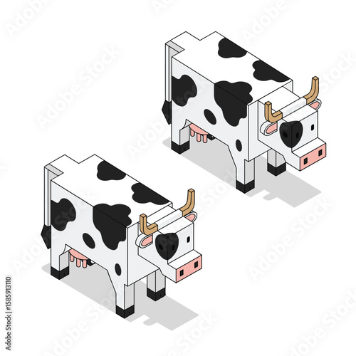Isometric block art cows farm animal livestock cattle grazing meadow